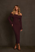 Sweater dress in burgundy with off-shoulder fold-over neckline and cable knit, full length