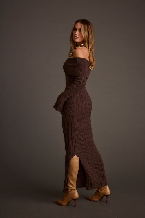 Back view of the espresso maxi dress showing the silhouette and fit.