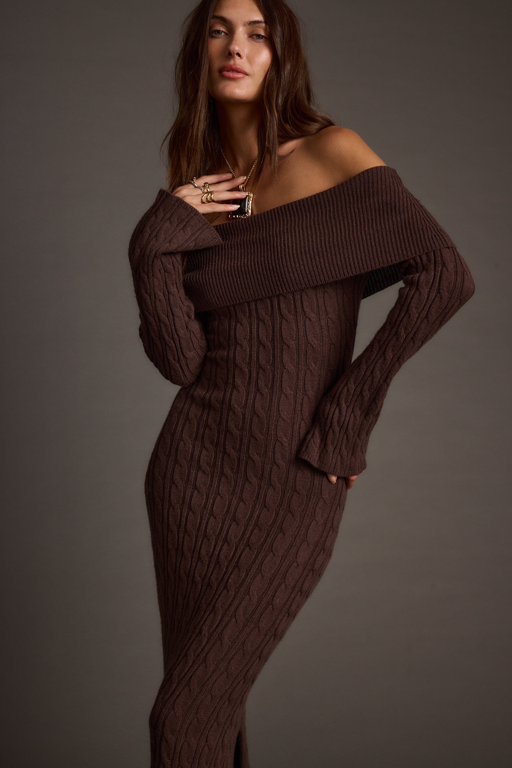 Rhiannon Espresso Sweater Maxi Dress - XL Size - Women's Dresses