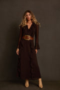 Chiffon maxi dress in espresso with ruffle V neckline, sheer sleeves, and cognac belt