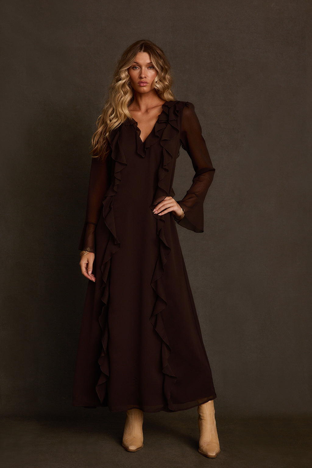 Espresso dress back view showing sheer chiffon fabric and relaxed A-line silhouette