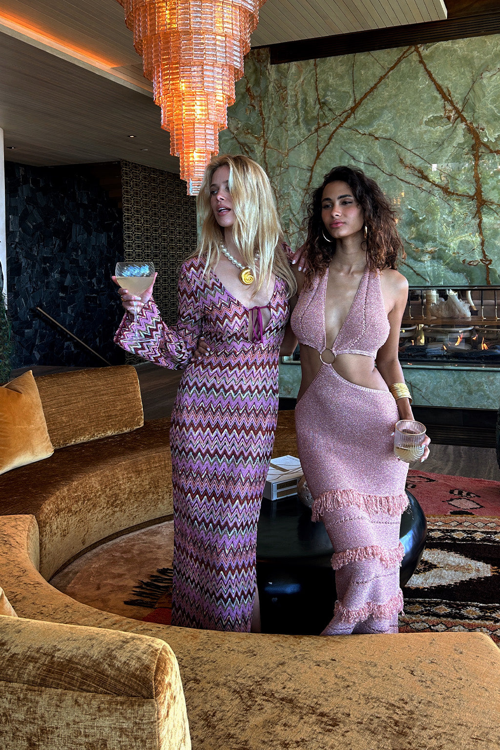 Detail shot of the Palermo Pink Crochet Plunge Maxi Dress highlighting the crochet elements.