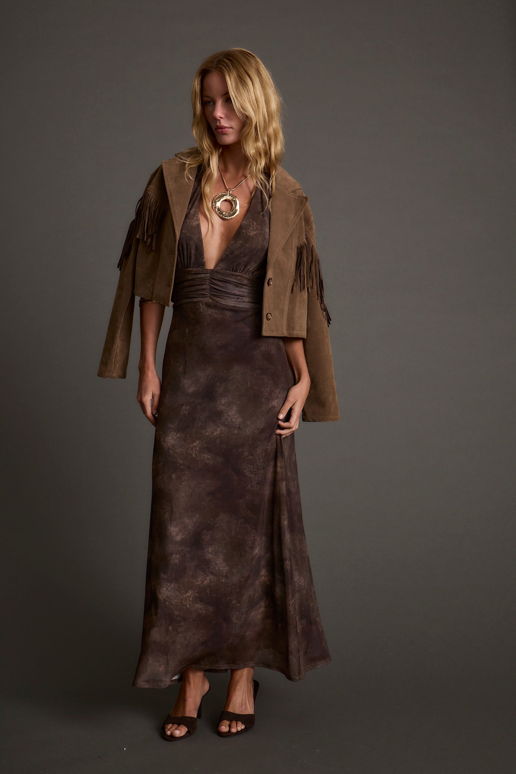 Rosalia Brown Mesh Maxi Dress