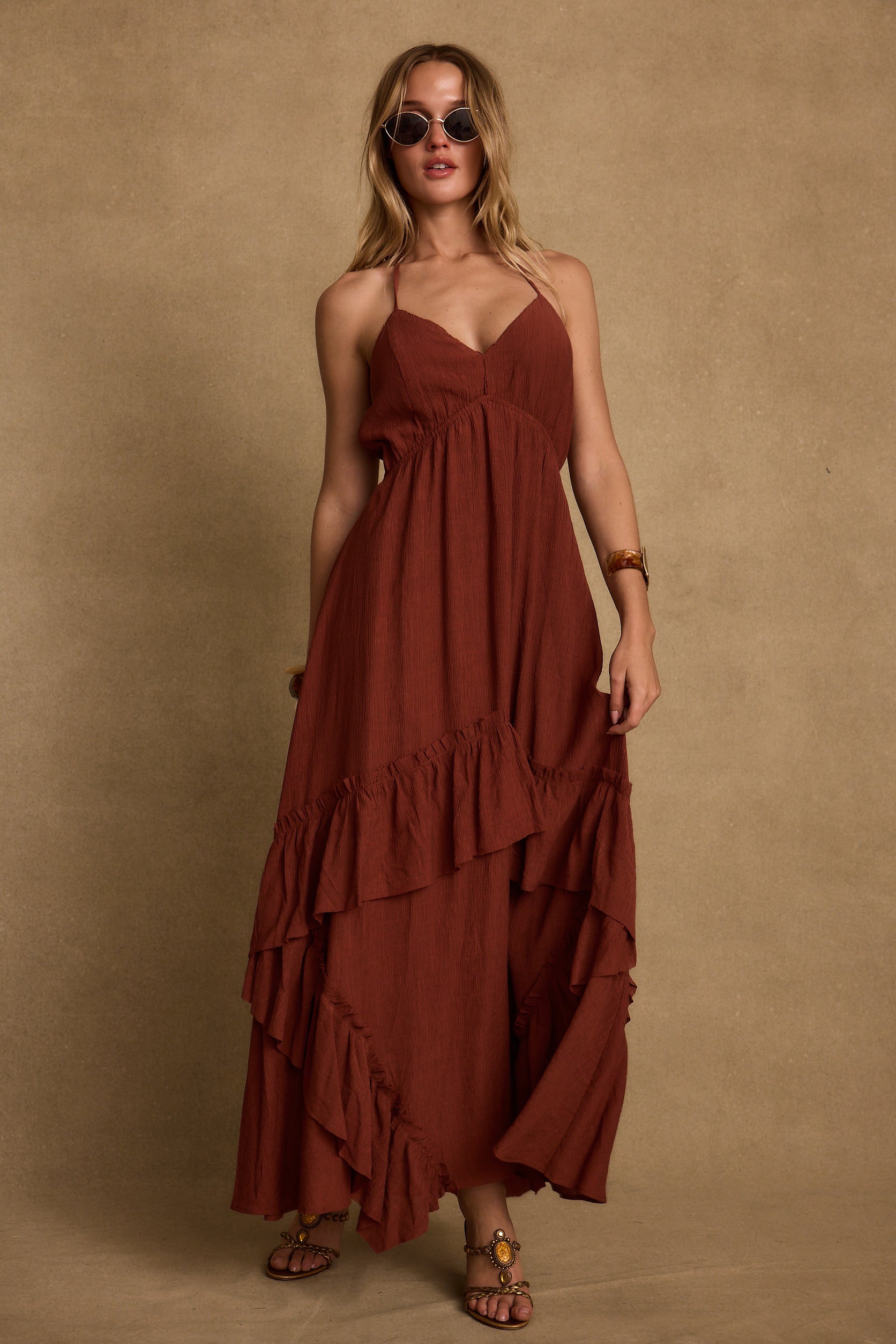 Rosamar Terracotta Ruffle Maxi Dress