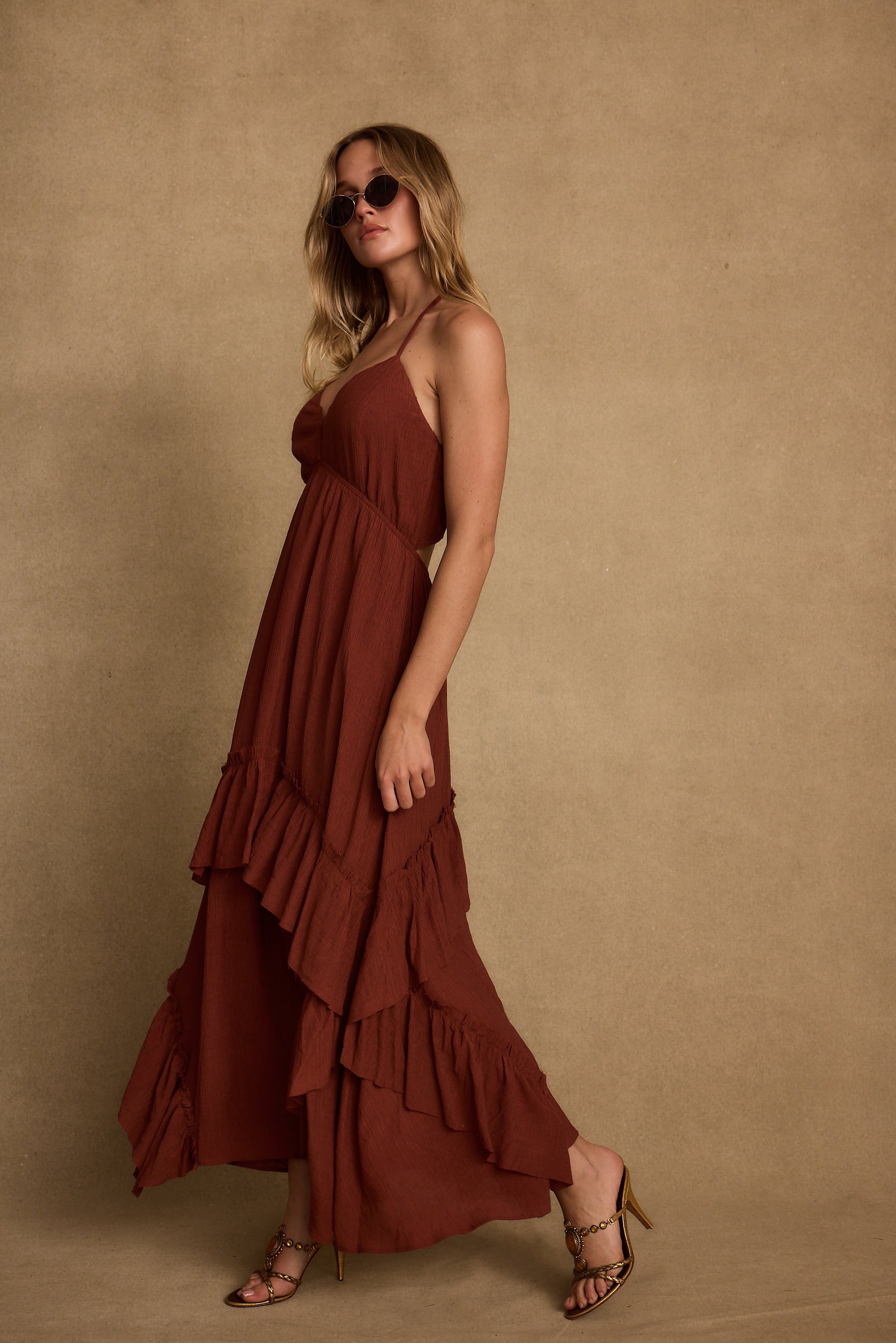 Rosamar Terracotta Ruffle Maxi Dress