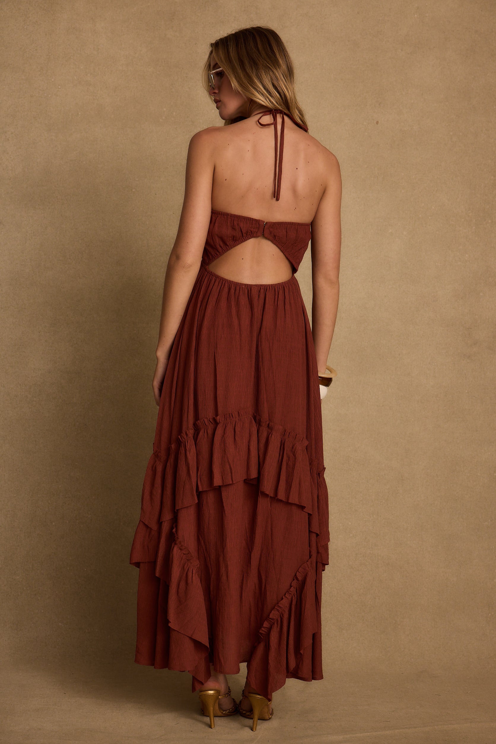 Rosamar Terracotta Ruffle Maxi Dress