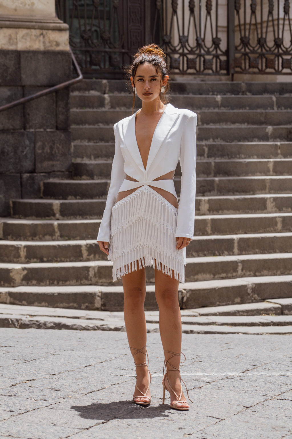 Rosetta White Lace Fringe Blazer Dress styled in a complete look from an alternate angle.