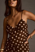 Women's mocha polka dot tank top with adjustable straps, close-up front view