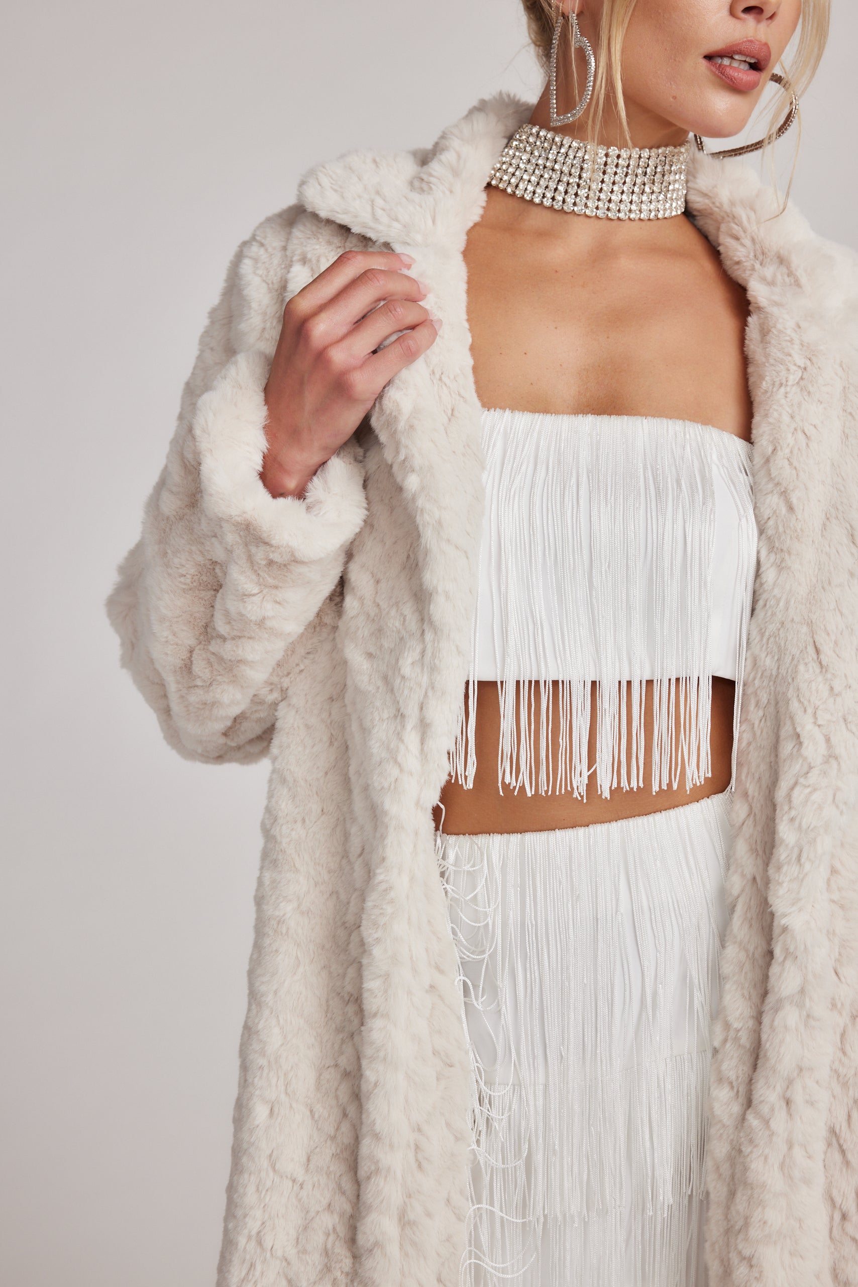 Sasha Cream Floor Length Coat paired with complementary accessories for a polished look.