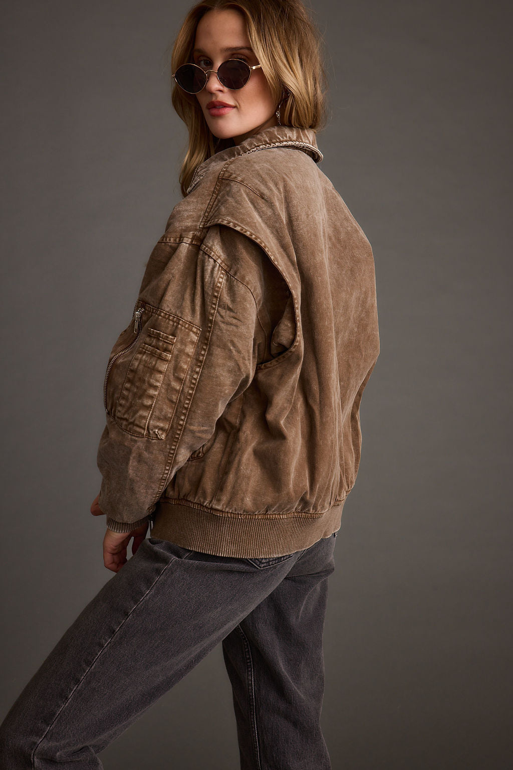 Sawyer Washed Brown Oversized Bomber Jacket
