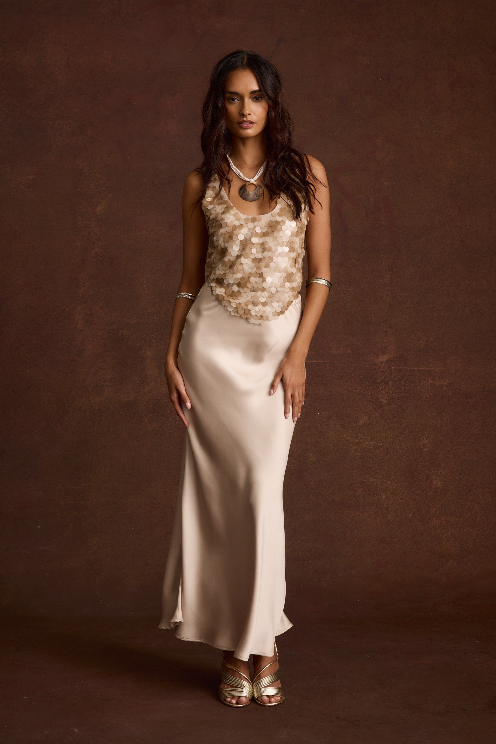 Dolce Champagne Satin Maxi Skirt