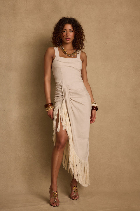 knee length dresses for ladies Women's Beige Linen Midi Dress
