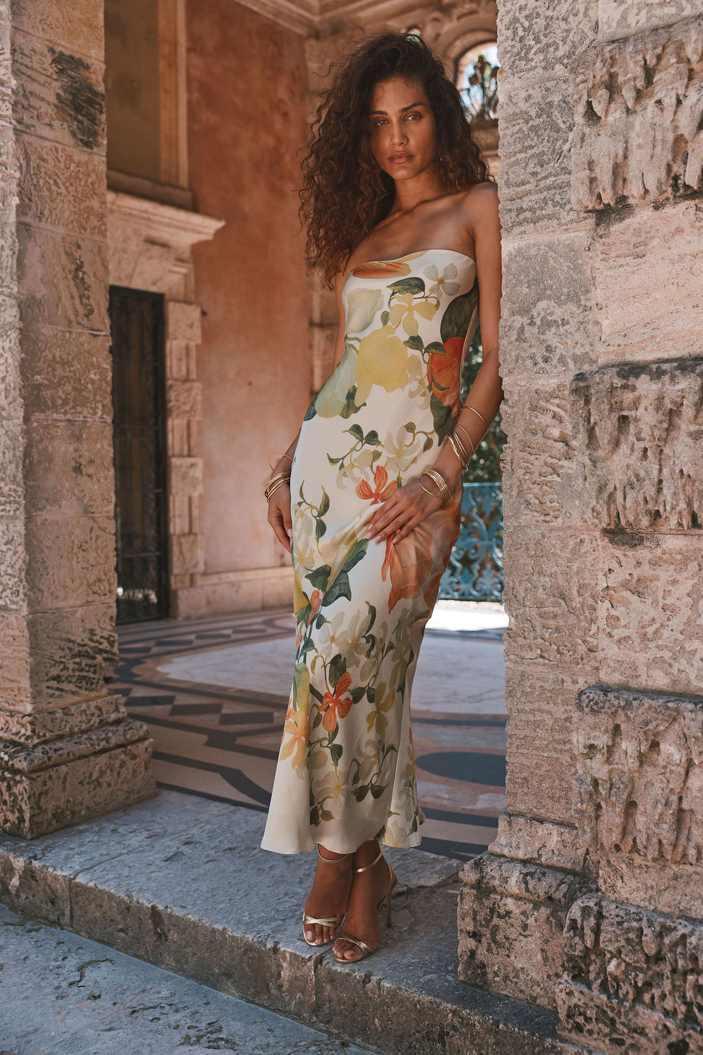 stone oversized chiffon floral print bandeau maxi dress Bandeau Floral Print Maxi Dress In Blue | EGO US