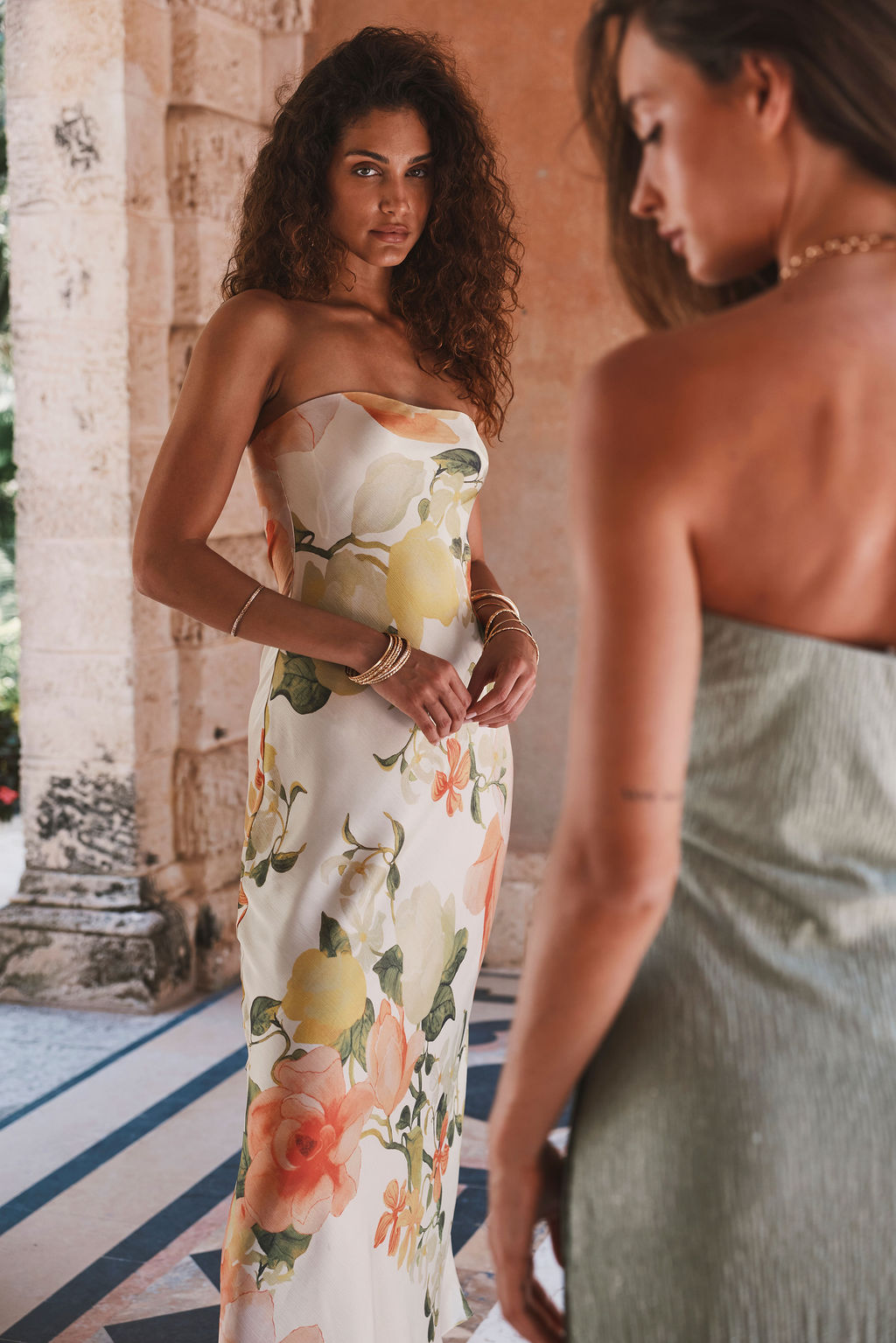 long floral strapless dress Camille Maxi - XS Size - Women's Dresses ometria-casual Gold Sequin Mini Dress Floral Print Colour:Off-white