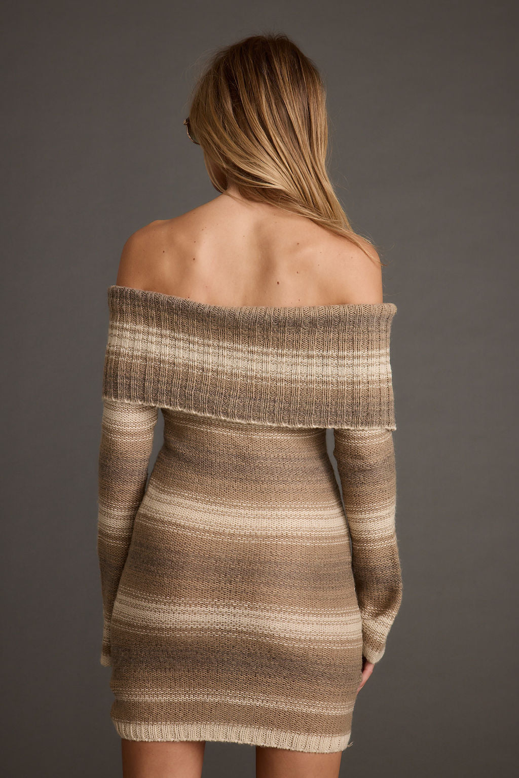 Siena Brown Striped Off the Shoulder Sweater Dress