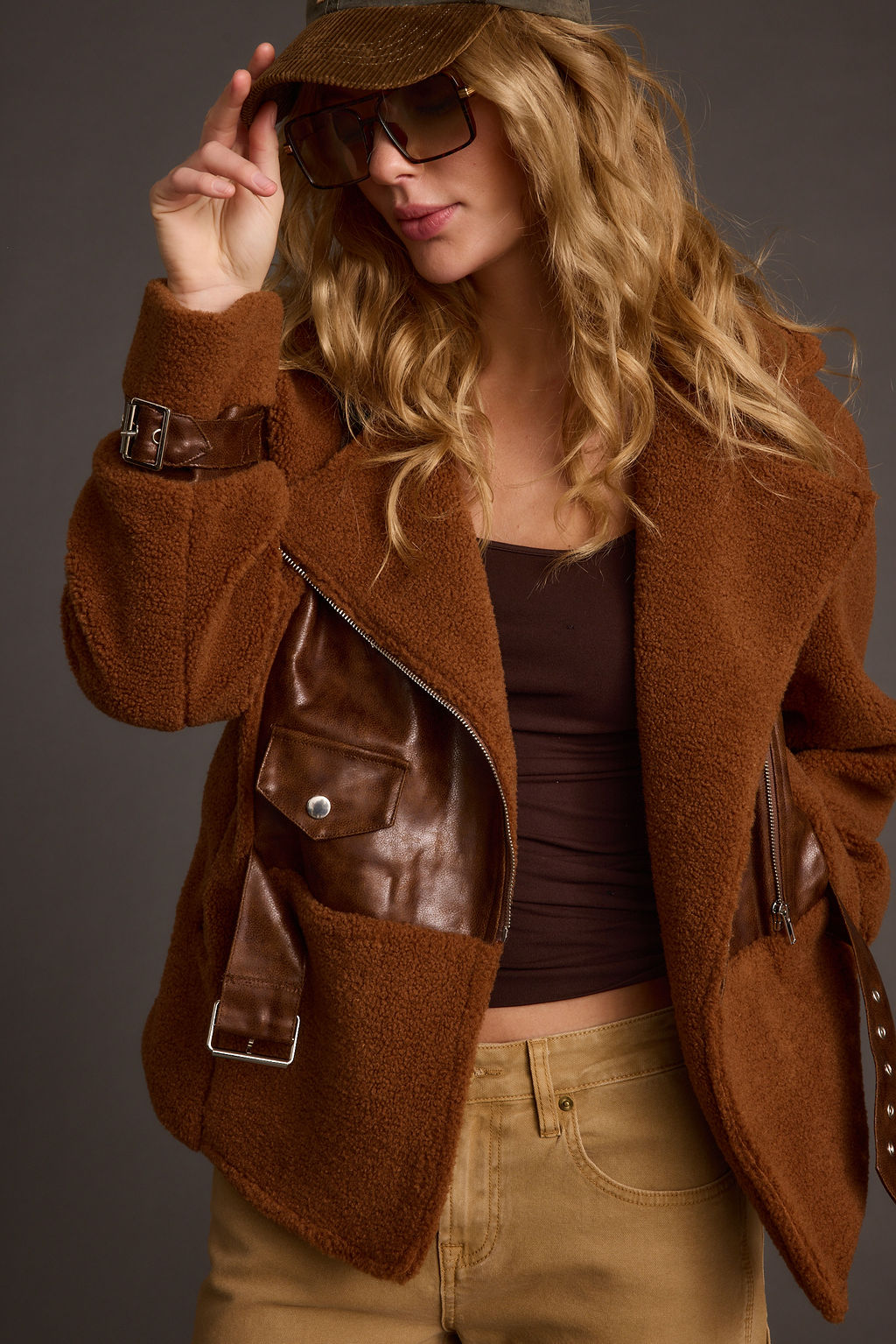 Detail shot of the Slater Mocha Moto Sherpa Coat highlighting the design elements.