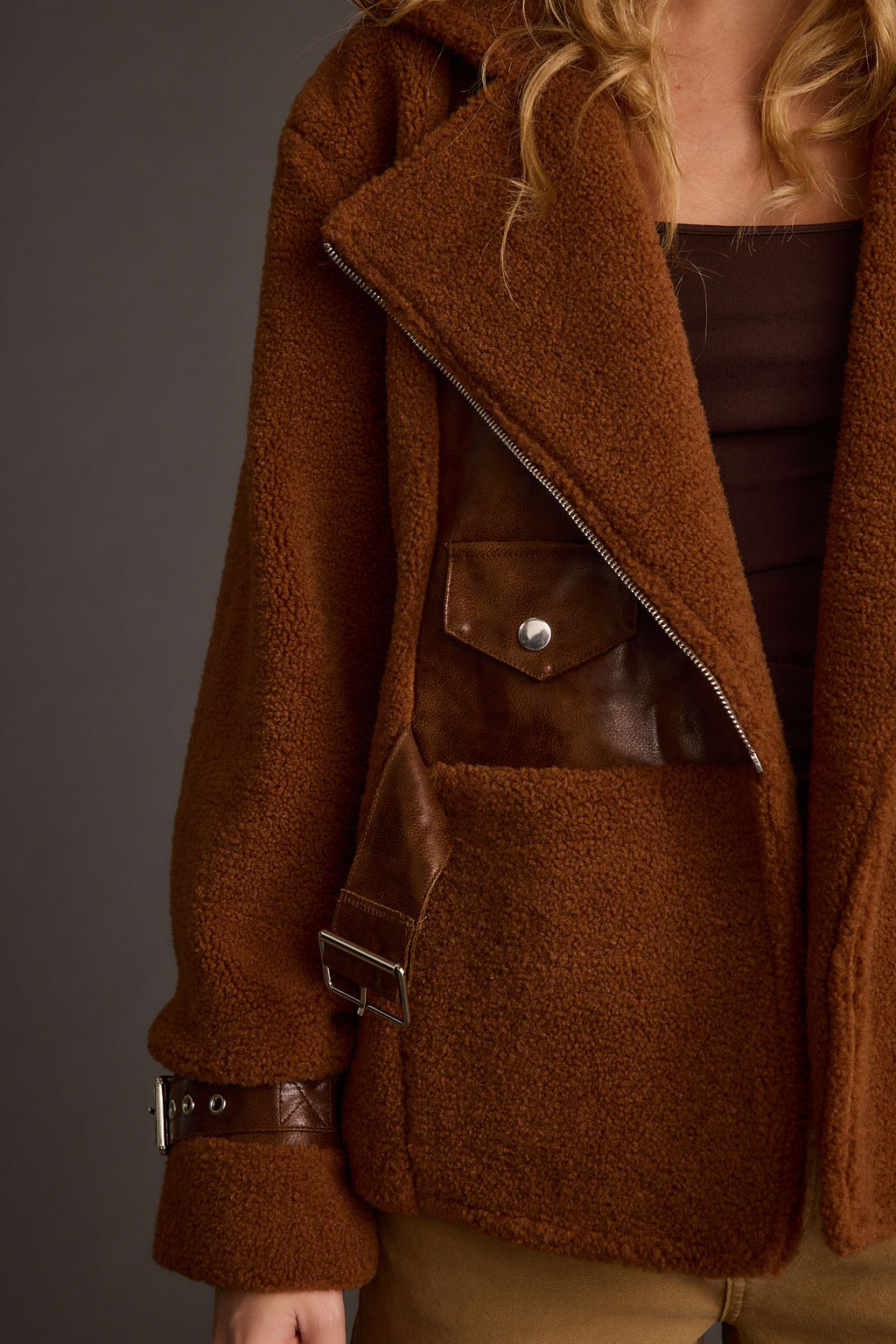 Additional view of the Slater Mocha Moto Sherpa Coat from a different perspective.