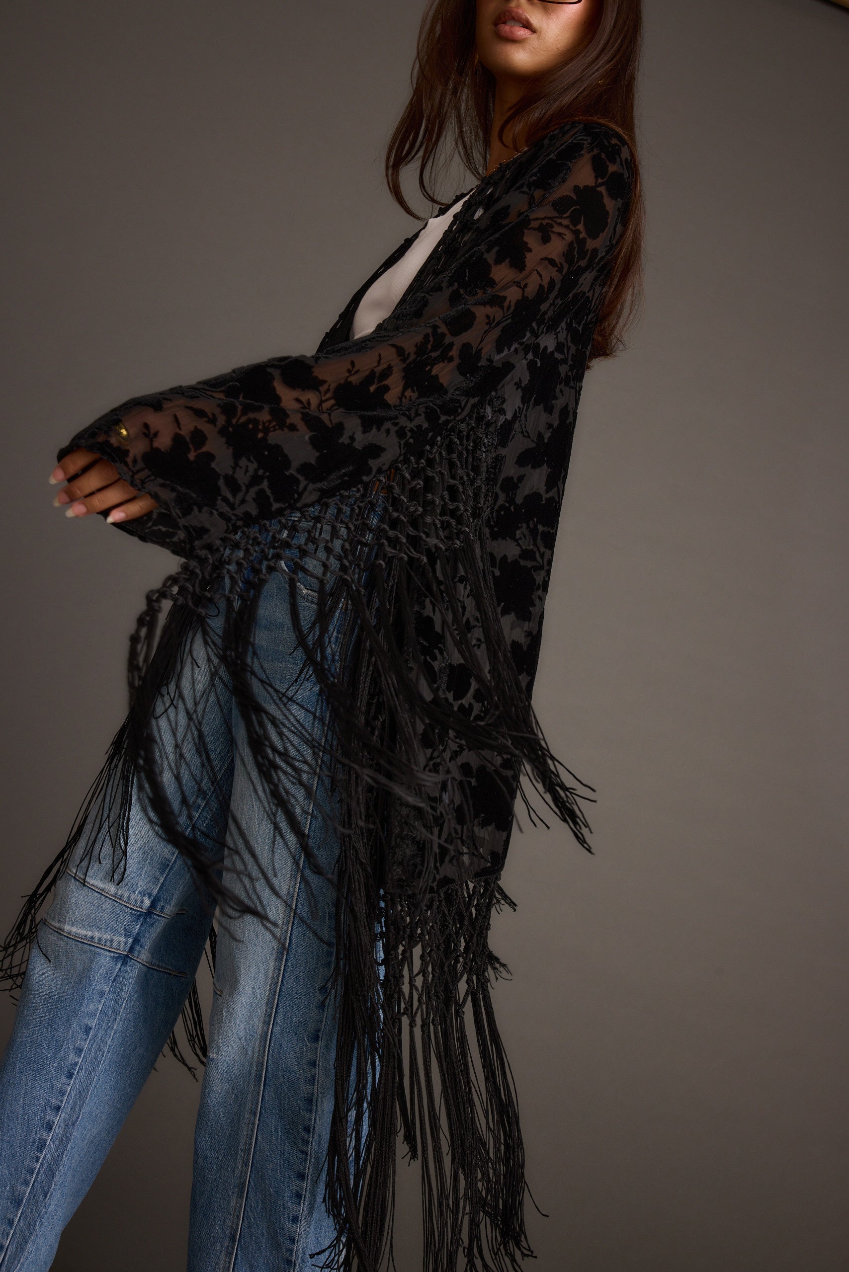Close-up of the Stone Black Velvet Burnout Kimono showcasing the velvet texture and craftsmanship.