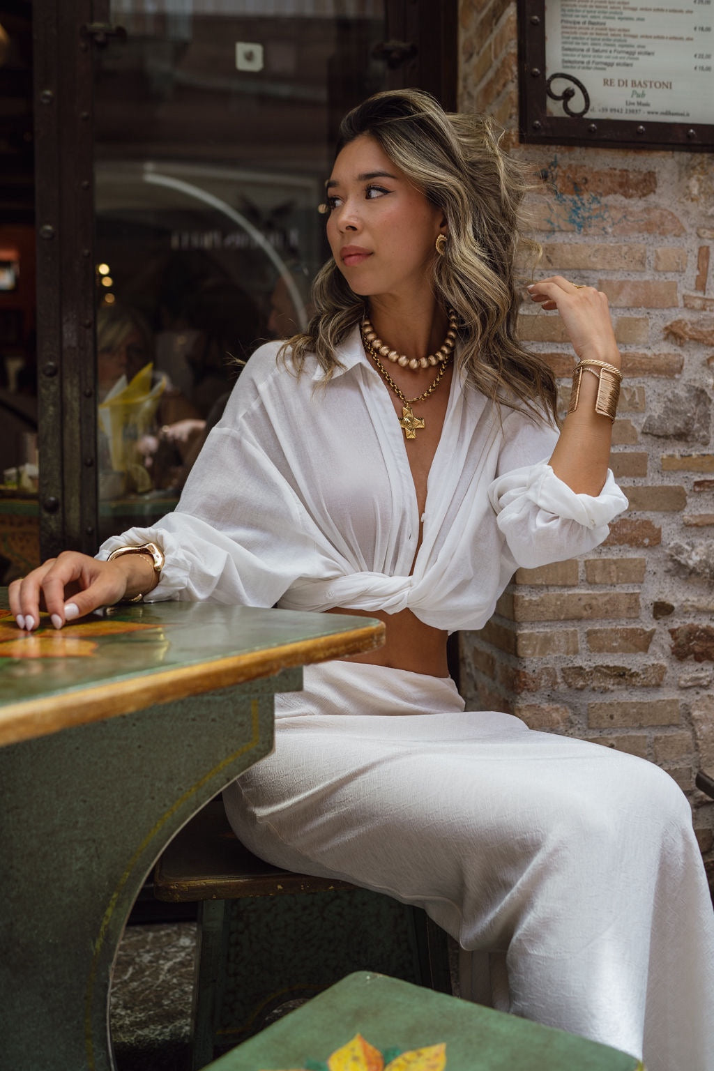 San Vito White Button Down Long Sleeve Top styled in a complete look from an alternate angle.