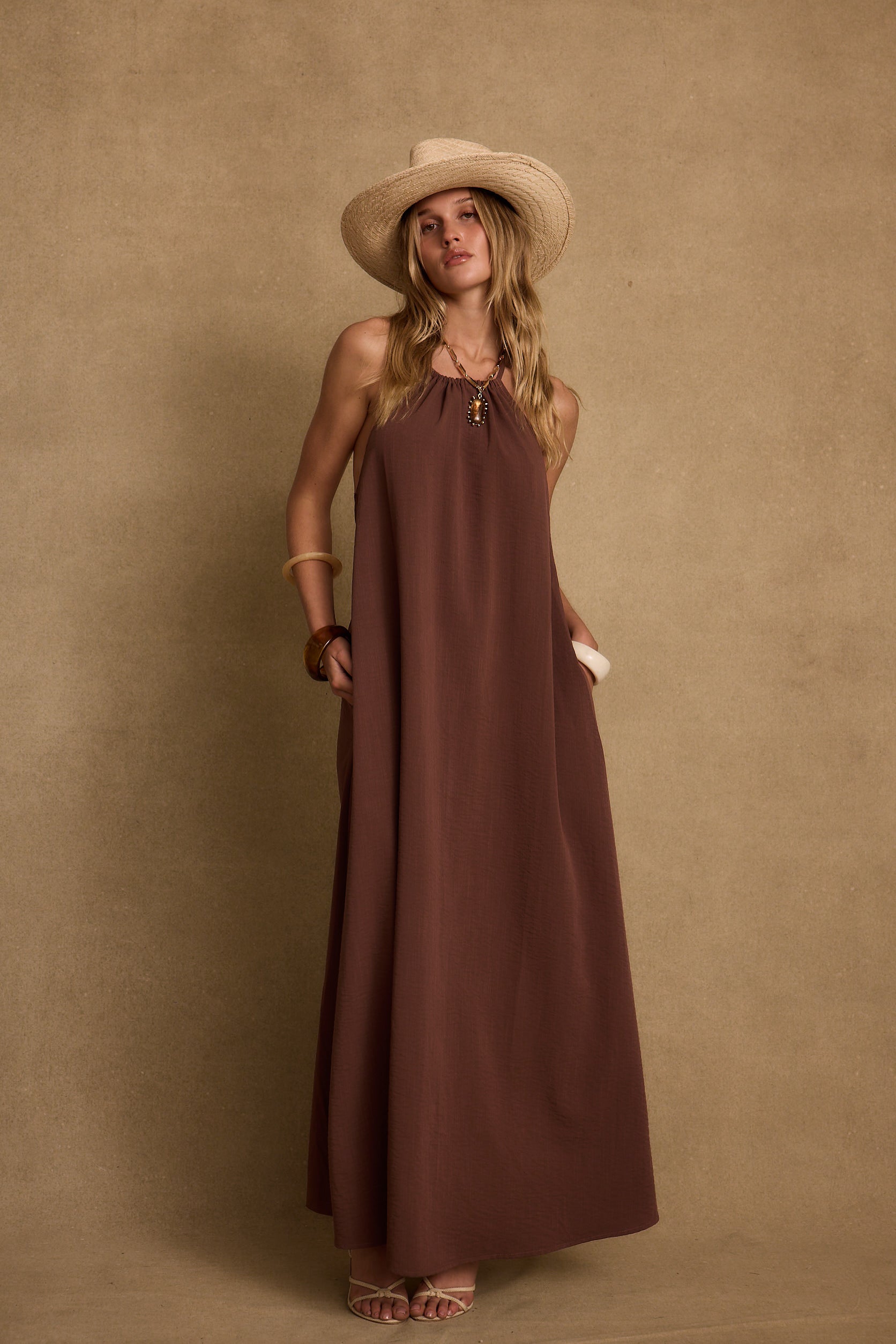 Sanctuary Mocha Linen Maxi Dress