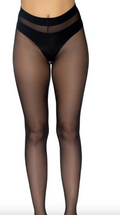 Black sheer tights worn on-model, showing high waistband and semi-transparent legs.