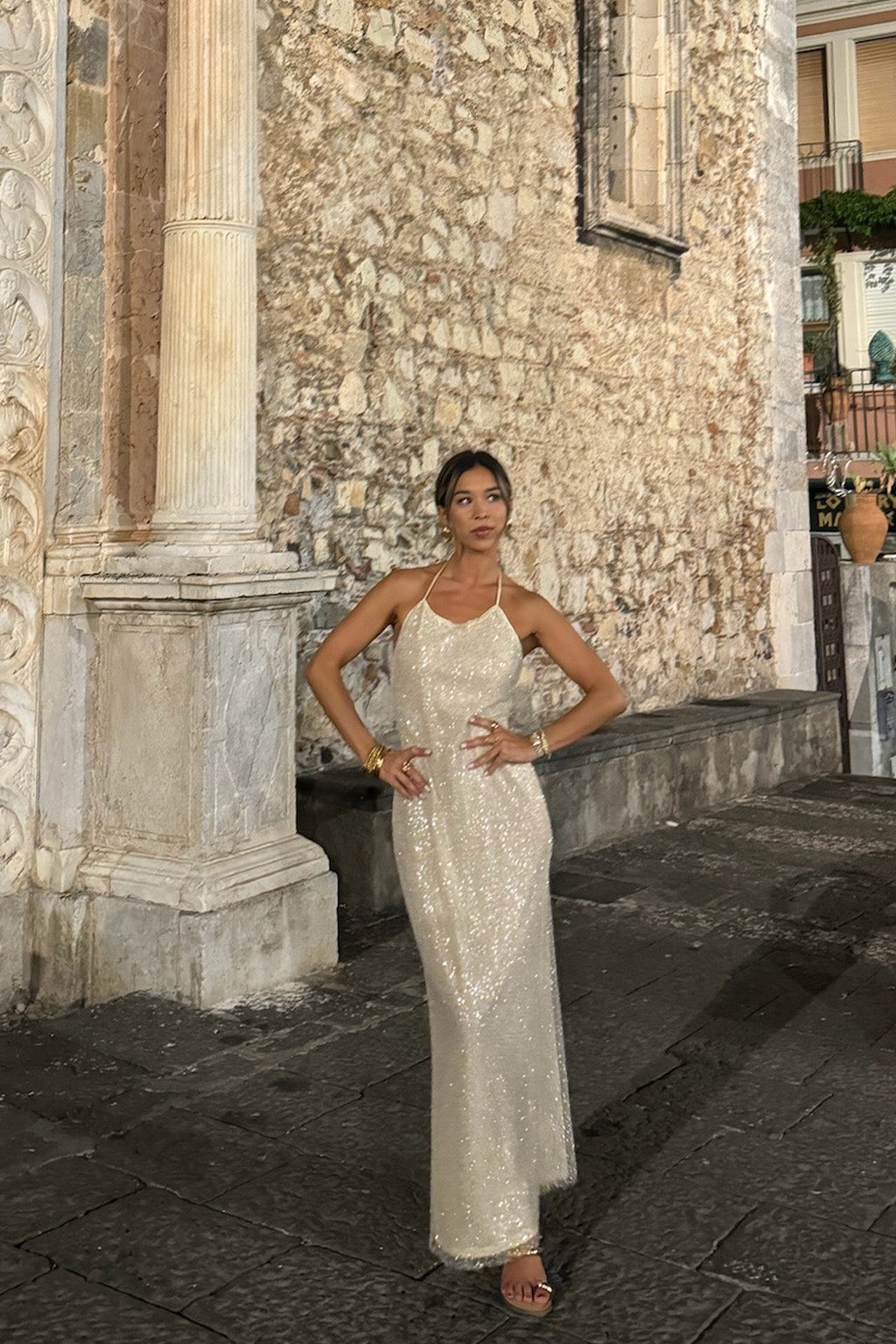 white and gold maxi dress Serafino Gold Embellished Maxi Dress