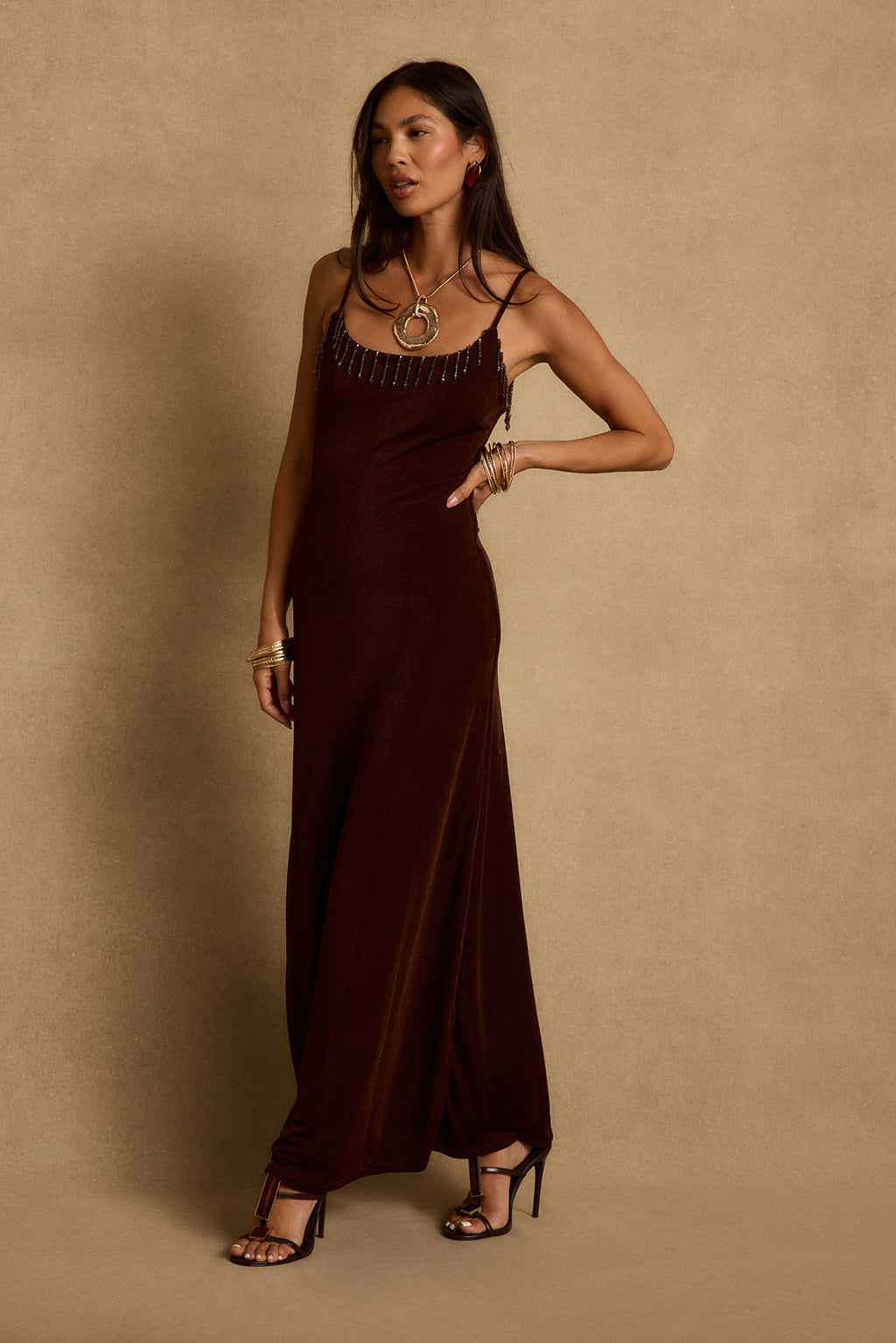Serenade Espresso Beaded Maxi Dress - XS Size - Women's Dresses