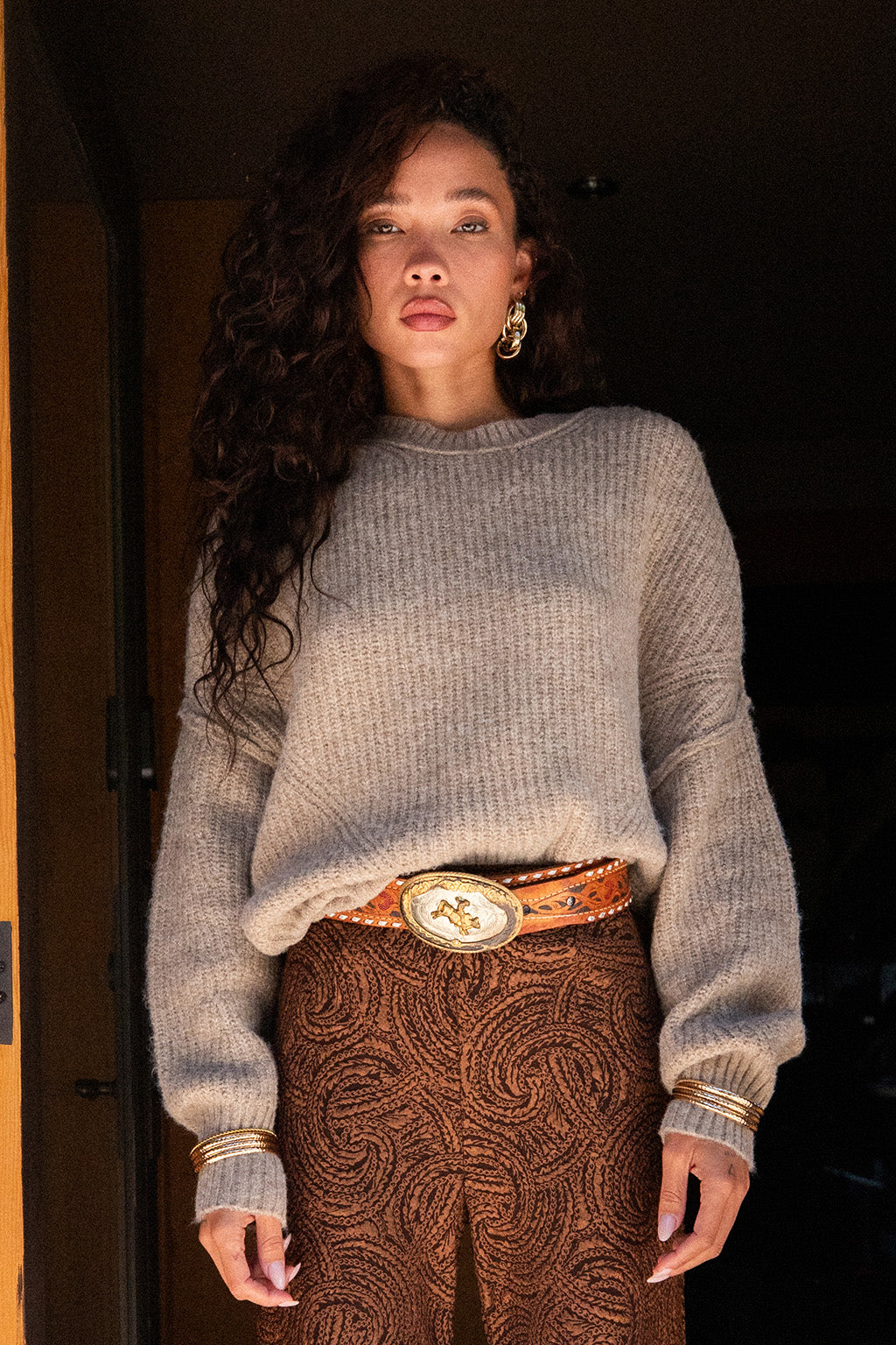 Detail shot of the Shae Taupe Pullover Sweater highlighting the design elements.