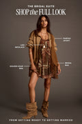 Shop the look graphic featuring a coordinated outfit with a tan fringe jacket, patterned mini dress, and ankle boots