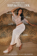 Shop the Bridal Suite look: woman in a bridal outfit featuring Bellami pearl earrings, Beau necklace, Veuve shawl top, and Shadows maxi dress