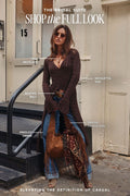 Shop the look graphic featuring a brown knit cardigan, denim jeans, and a fringe handbag
