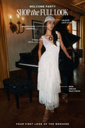 Shop the Welcome Party look featuring a white tiered lace maxi dress, gold dune earrings, and a pendant necklace