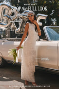 Shop the Wifey Era look featuring a white lace maxi dress, a lace scarf, and pearl earrings