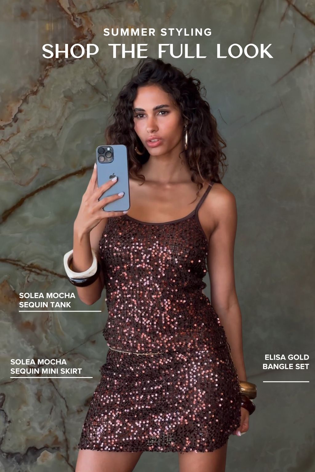 Detail shot of the Shop the Look: Solea Sequin Set highlighting the sequin elements.