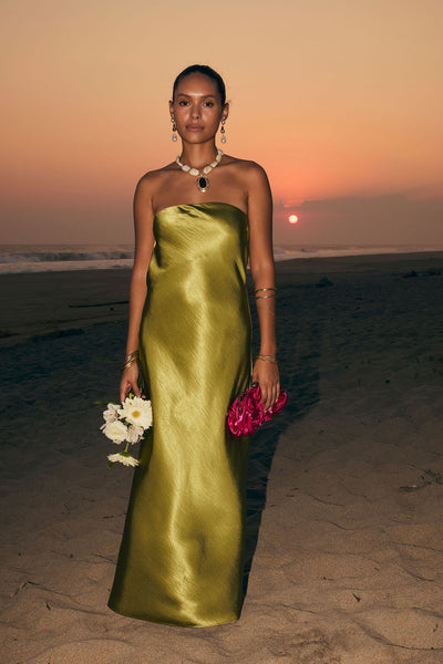 Natalia Chartreuse Strapless Maxi Dress - M Size - Women's Dresses