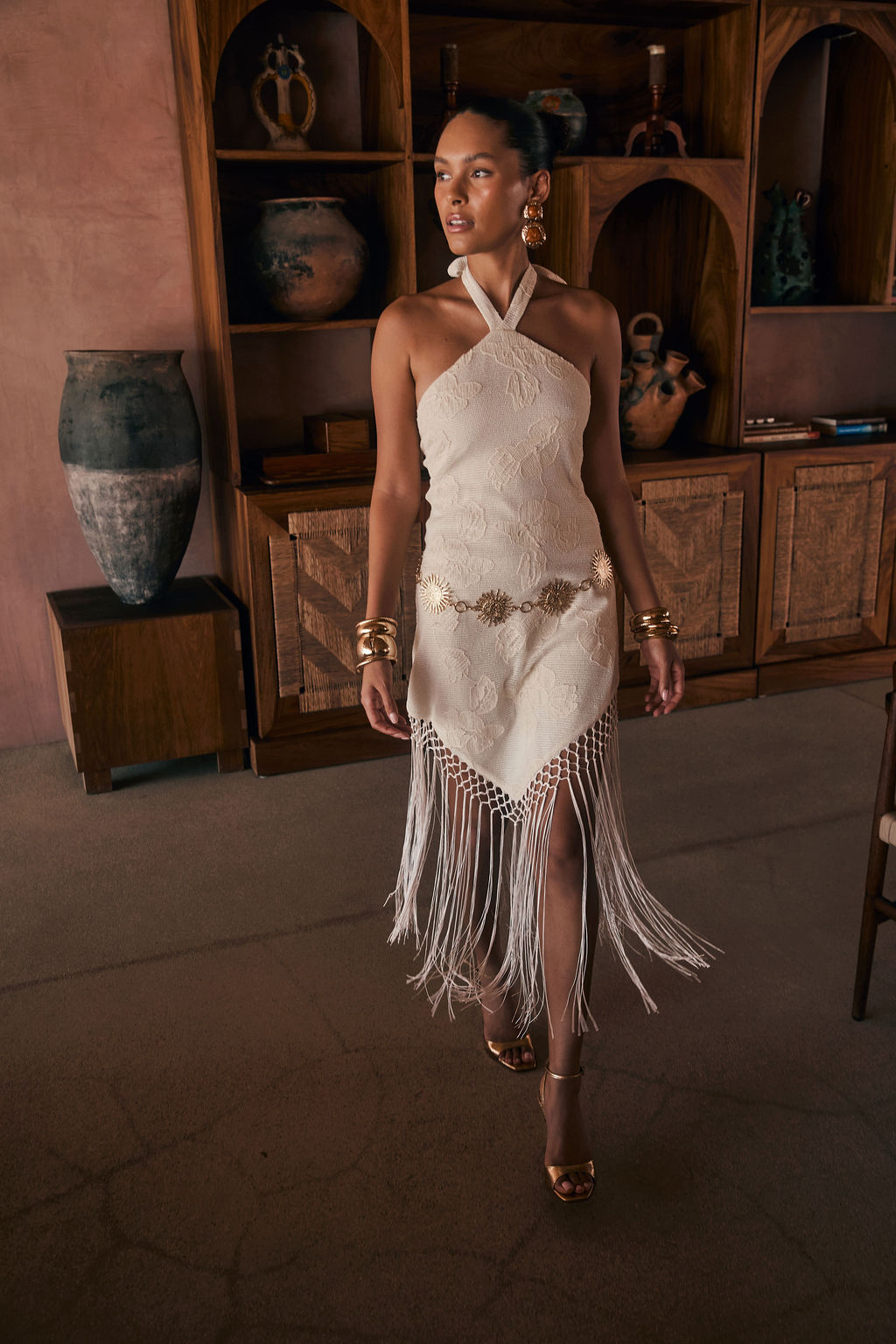 Fontaine Ivory Jacquard Fringe Midi Dress