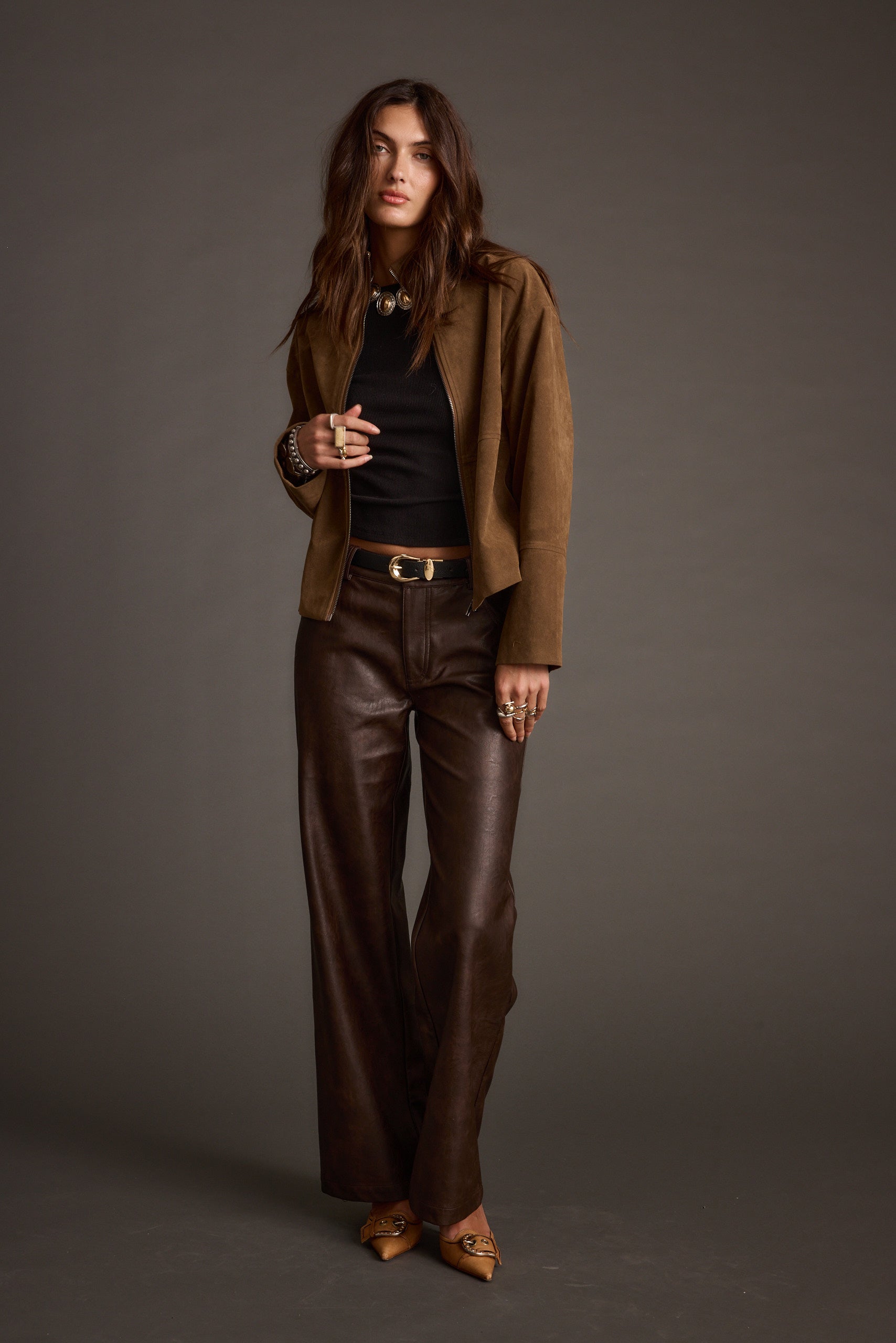 Sienna Brown Vegan Suede Jacket paired with complementary accessories for a polished look.