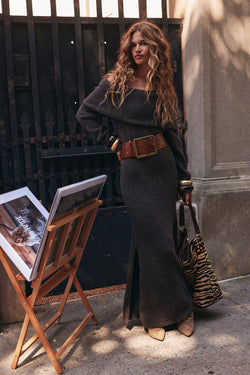 Simone Charcoal Off The Shoulder Sweater Maxi Dress