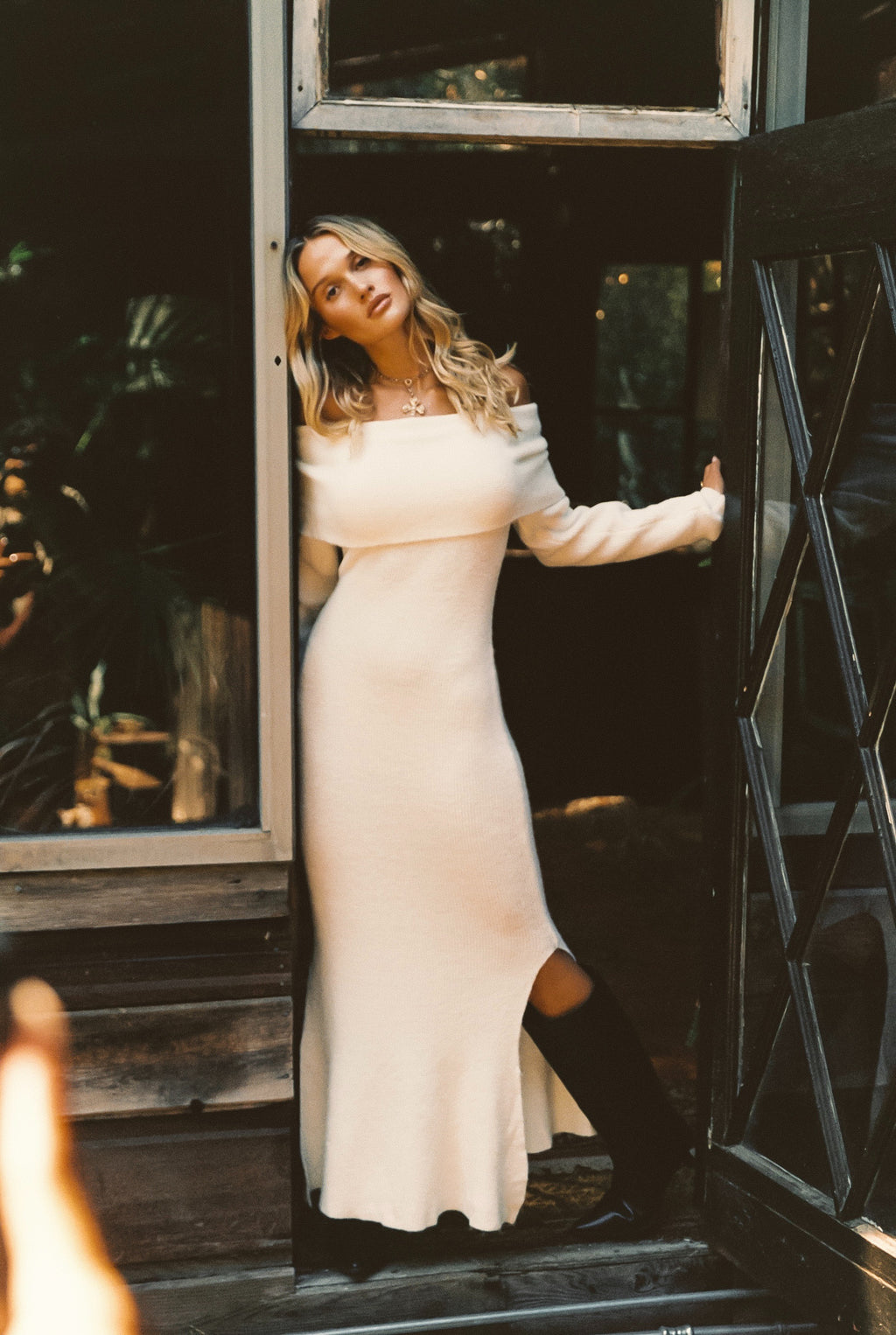 White Off The Shoulder Sweater Dress