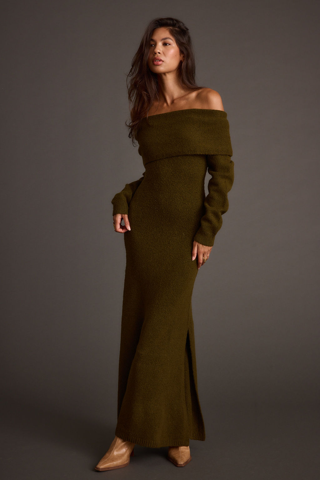 Simone Dark Olive Sweater Maxi Dress