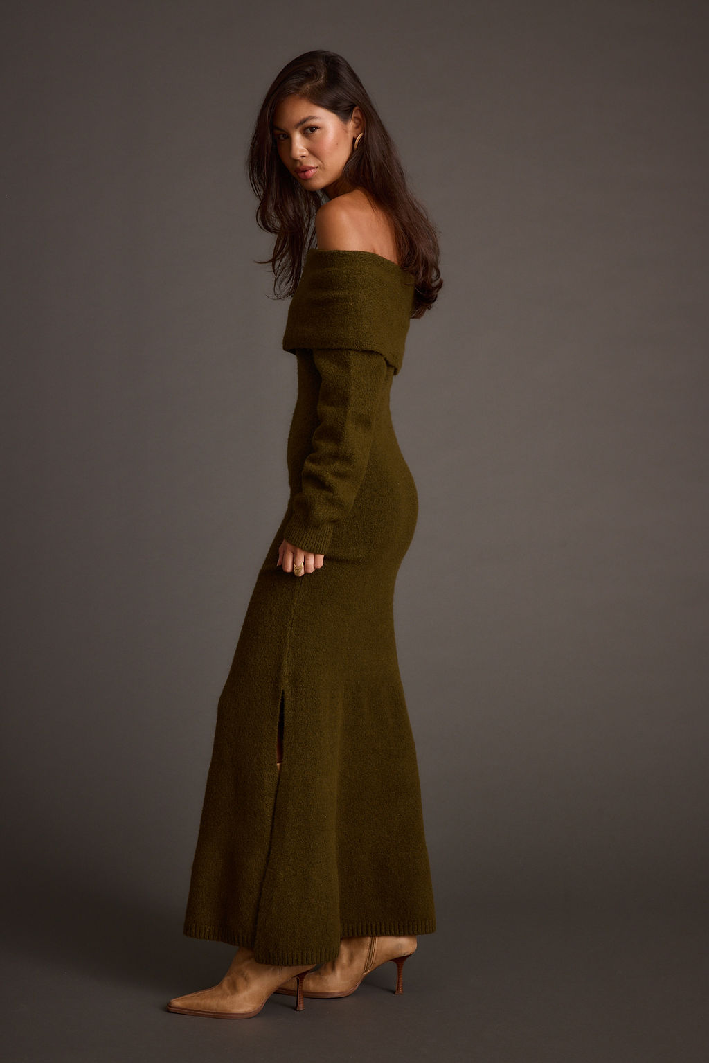 Simone Dark Olive Sweater Maxi Dress