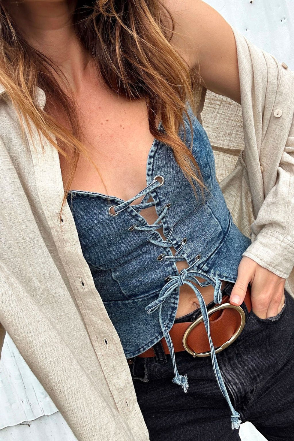Denim Bustier With Stitches