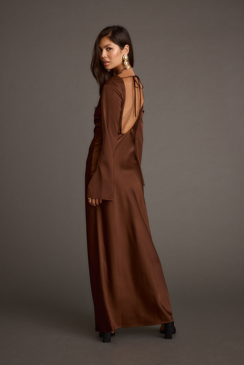 Mocha satin maxi dress with refined accents, a satin mini dress essential.
