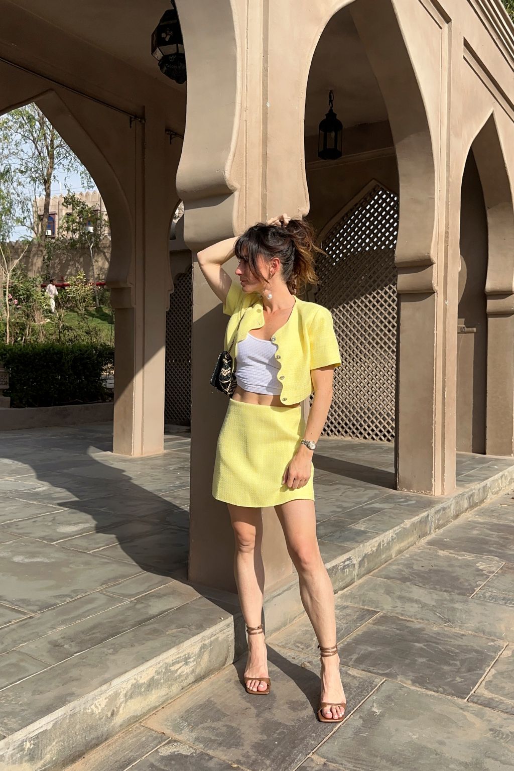 Additional view of the Sunday Yellow Cropped Jacket from a different perspective.