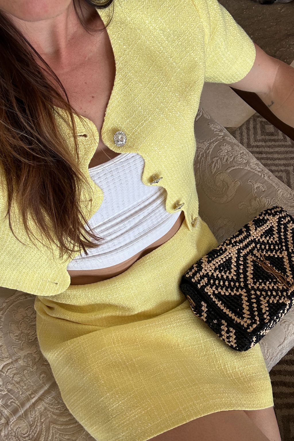 Sunday Yellow Cropped Jacket shown in a complementary styling arrangement.