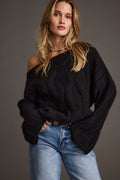 Tavern Black Off the Shoulder Cable Knit Sweater