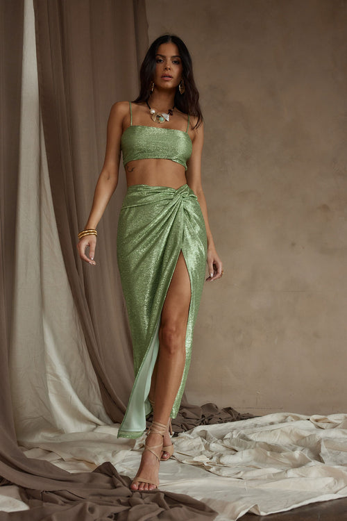 Sage metallic maxi skirt with refined accents, a lace maxi skirt essential.