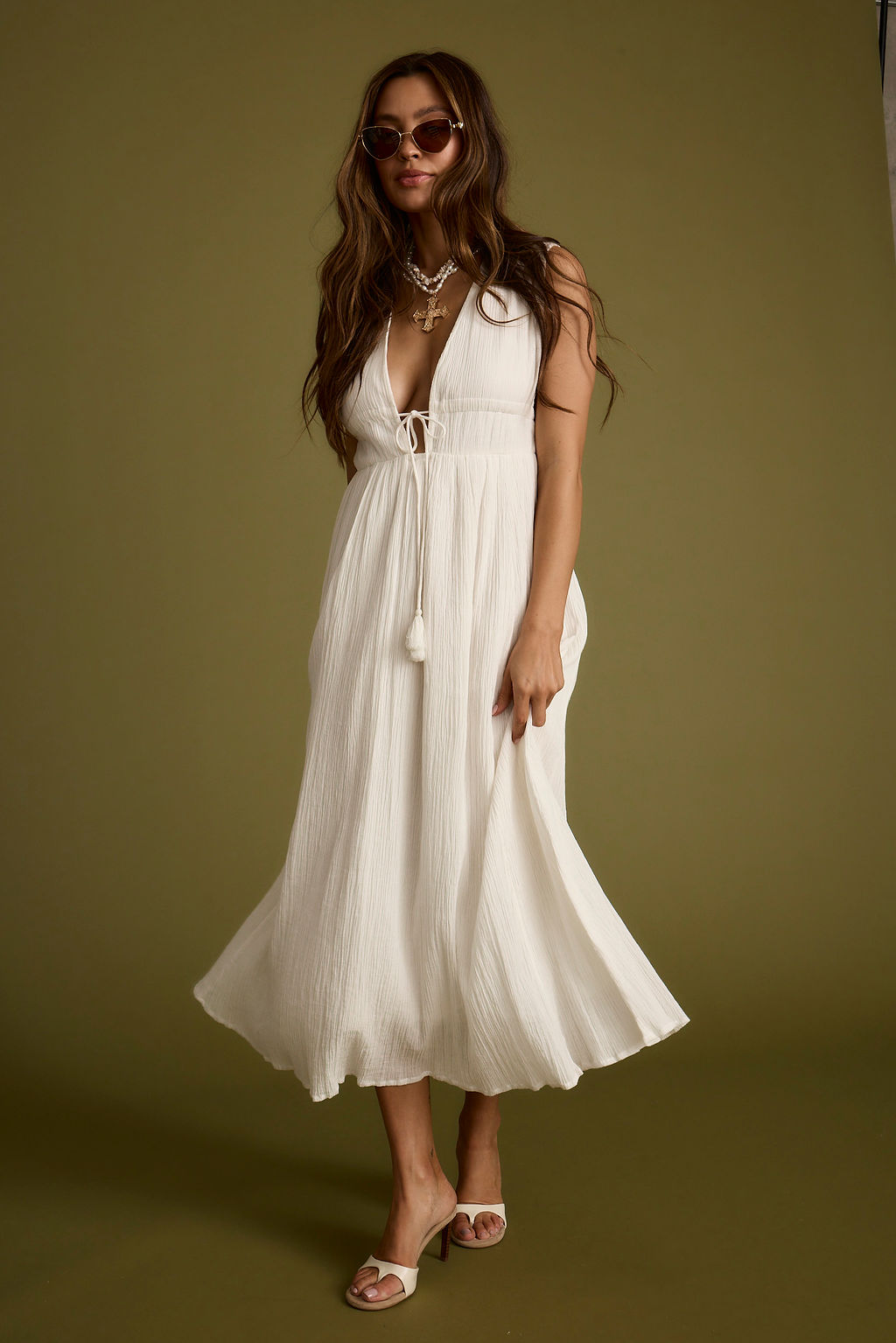 Turks Plunge White Gauze Maxi Dress