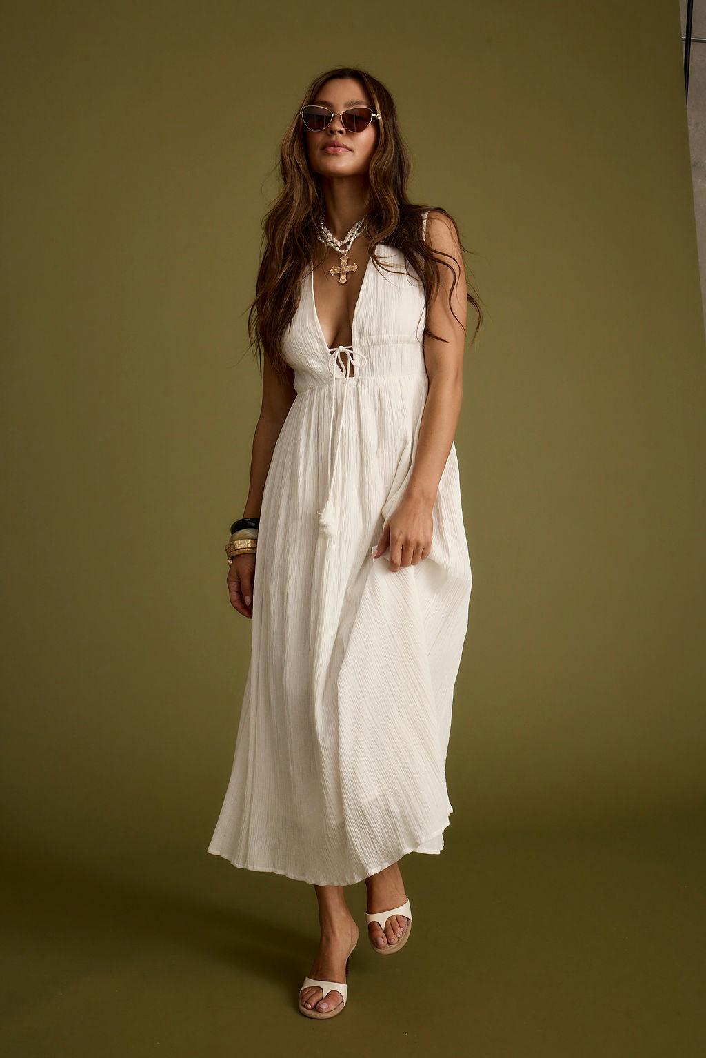 Turks Plunge White Gauze Maxi Dress