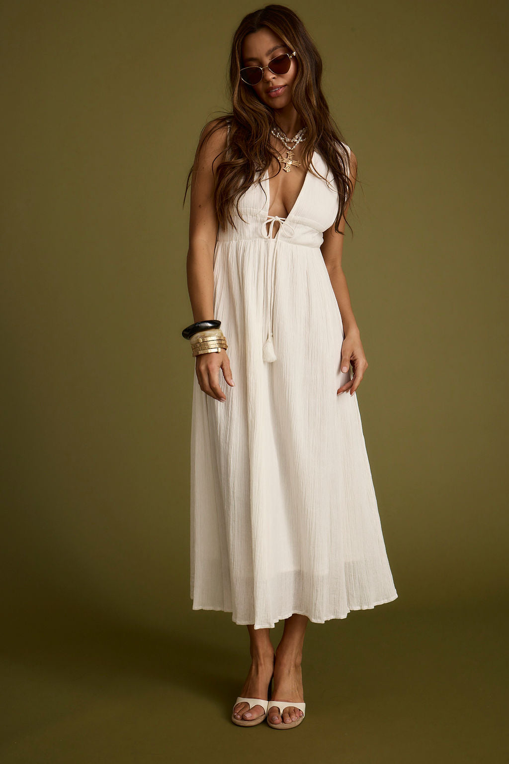 Turks Plunge White Gauze Maxi Dress